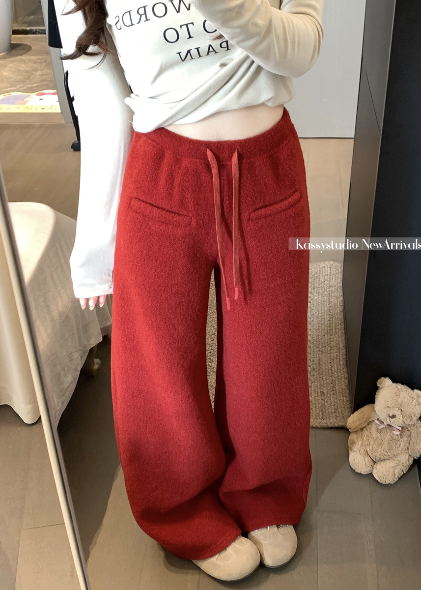 실사 한 부서 부드러운 찹쌀 두꺼운 한 단어 주머니 모직 루즈핏 다용도 가을 겨울 슬림해 보이는 캐주얼 바지