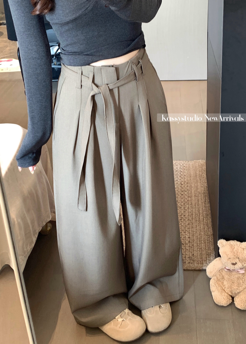실사 이른 봄 한 부서 품격 레이스업 정장 와이드 레그 팬츠 루즈핏 스트레이트 슬림해 보이는 다용도 캐주얼 긴 바지