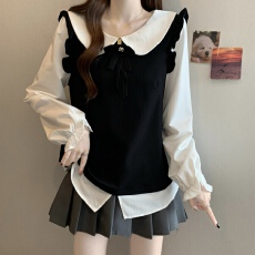 批发大码胖mm秋季新款假两件长袖<b class='q'>衬衫</b>女遮肚穿搭大码<b class='q'>娃娃领</b>上衣