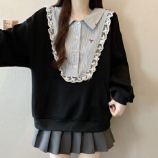 批发<b class='q'>大码</b>胖mm秋冬季新款加绒加厚拼色娃娃领蕾丝花边假两件卫衣