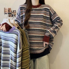 批发<b class='q'>大码</b>胖mm秋冬季新款彩色条纹套头针织衫毛衣宽松遮肚慵懒风内搭