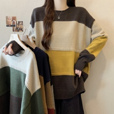 批发<b class='q'>大码</b>胖mm秋冬季新款拼色套头慵懒风针织衫宽松 遮肚内搭毛衣