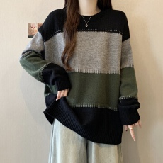 批发<b class='q'>大码</b>胖mm秋冬季新款拼色套头慵懒风针织衫宽松 遮肚内搭毛衣