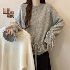 批发大码胖mm<b class='q'>秋</b>冬季新款抽绳系带喇叭袖针织上衣女洋气毛衣针织衫