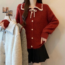 批发<b class='q'>大码</b>胖mm秋冬季新款温柔风翻领毛衣开衫系带蝴蝶结洋气针织<b class='q'>外套</b>