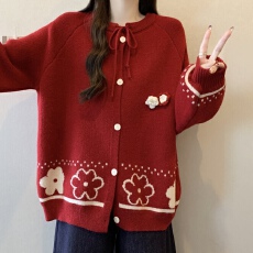 批发大码胖mm秋<b class='q'>冬</b>季新款红色新年甜美慵懒风设计感宽松针织开衫毛衣