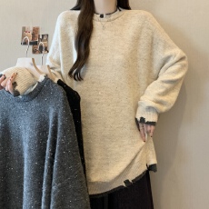 批发大码胖mm秋<b class='q'>冬</b>季新款中长款假两件宽松圆领显瘦遮肚打底毛衣针织衫