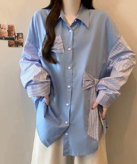 빅 사이즈 지방 mm 2026 년 봄 새로운 패치워크 디자인 스트라이프 긴팔 나비 매듭 오픈 가디건 셔츠 여성