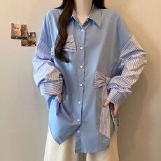 批发大码胖mm2026年春季新款拼接设计<b class='q'>条纹</b>长袖蝴蝶结<b class='q'>开衫</b>衬衣女