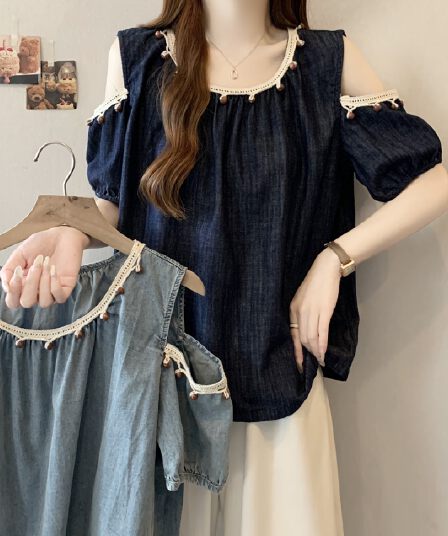 빅 사이즈 지방 mm 여름 새로운 패션 다용도 라운드 넥 패치워크 레이스 반팔 표지 배 슬림해 보이는 데님 맨위 셔츠