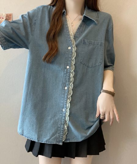 빅 사이즈 지방 mm 여름 새로운 디자인 센스 패치워크 레이스 레이스 캐주얼 셔츠 표지 배 슬림해 보이는 맨위