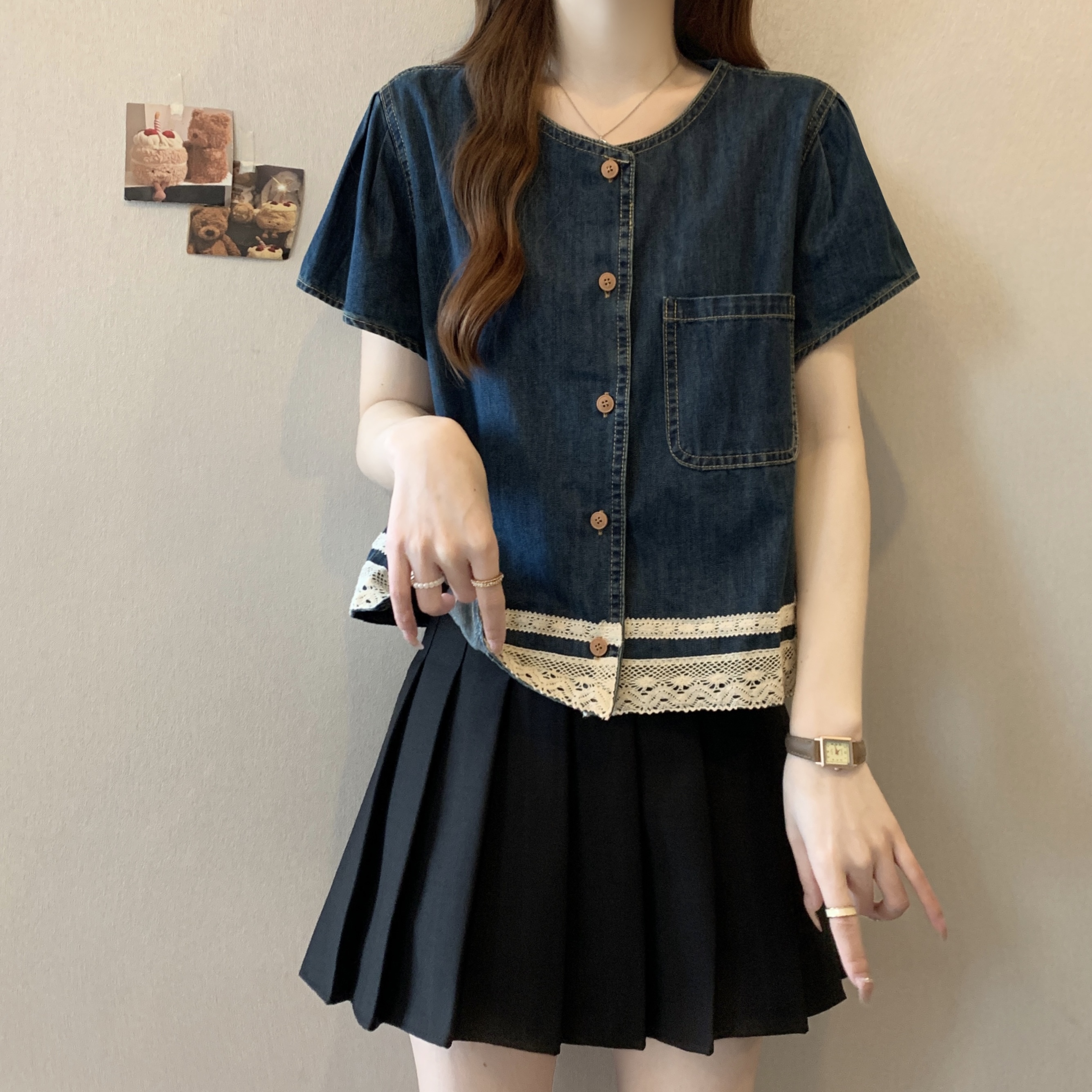 RY1415# 大码胖mm2026年夏季新款时尚宽松圆领开衫衬衫女牛仔上衣