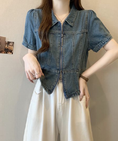 빅 사이즈 지방 mm 여름 새로운 핫걸 데님 맨위 여성 더블 지퍼 폴로 칼라 반팔
