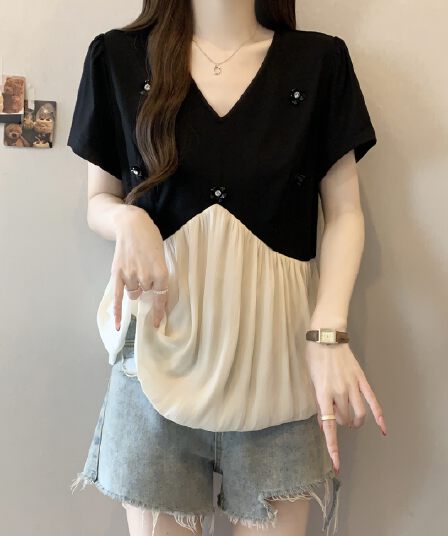 빅 사이즈 지방 mm 여름 새로운 비즈 박기 패치워크 페이크 레이어드 루즈핏 패션 표지 배 맨위 여성