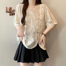 批发大码胖mm夏季新款设计感提花短袖衬衫女新中式国风气质盘扣上衣