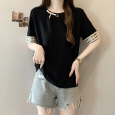 批发<b class='q'>大码</b>胖mm夏季新款新中式盘扣蕾丝短袖宽松遮肚显瘦T恤