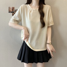 批发<b class='q'>大码</b>胖mm夏季新款新中式盘扣蕾丝短袖宽松遮肚显瘦T恤