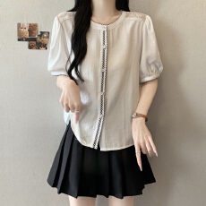 批发大码胖mm夏季新款蕾丝钩花镂空短袖衬衫女遮肚显瘦减龄小衫上衣