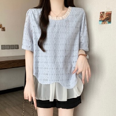 批发大码胖mm<b class='q'>夏</b>季新款设计感假两件蕾丝花边休闲显瘦百搭上衣