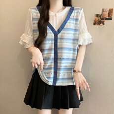 批发大码胖mm夏季新款撞色条纹假两件T恤女荷叶边短袖上衣