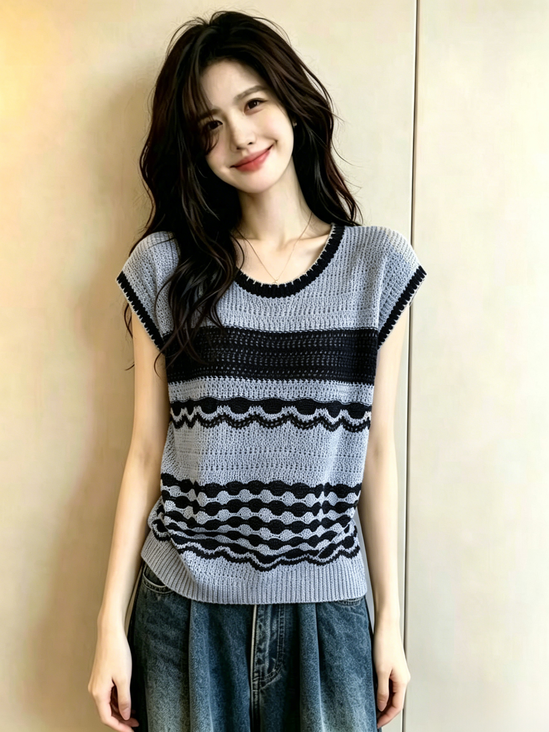 빅 사이즈 지방 mm 여름 새로운 물결무늬 곡물 홀로우 아웃 라운드 넥 루즈핏 다용도 얼음 실크 맨위 니트 스웨터