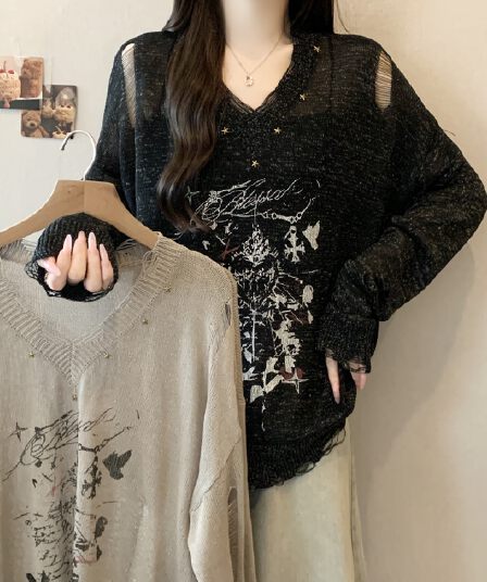 빅 사이즈 지방 mm 가을 새로운 레트로 프린트 V넥 얇은 스타일 니트 스웨터 루즈핏 슬림해 보이는 스웨터 맨위