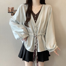 批发大码胖mm秋季新款假两件高级感带<b class='q'>衬衫</b>V领<b class='q'>长袖</b>百搭上衣女