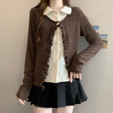 批发大码胖mm秋<b class='q'>冬</b>季新款波点假两件娃娃领针织长袖修身显瘦内搭上衣