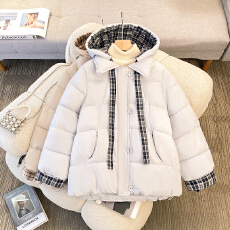 批发深藏蓝飘带格纹短款羽绒棉服2025新款女冬设计感<b class='q'>超</b>好看面包服外套