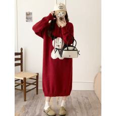 批发红色<b class='q'>连衣裙</b>新款加厚宽松大码甜美连帽卫衣针织打底长裙秋冬裙