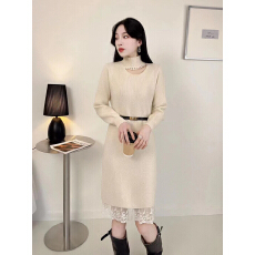 批发半高领法式性感蕾丝下摆羊毛针织<b class='q'>连衣裙</b><b class='q'>女</b>秋冬纯色内搭外穿毛衣裙
