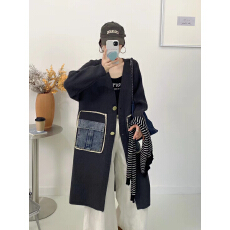 批发牛仔拼接<b class='q'>开衫</b>毛衣女秋冬中<b class='q'>长款</b>宽松显瘦百搭慵懒外穿<b class='q'>针织</b>上衣外套