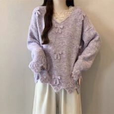 批发蕾丝拼接蝴蝶结V领正肩针织打底衫女2026春季甜美风宽松显瘦上衣