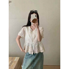 批发港风日记短袖衬衣V领蕾丝设计感春夏季衬衫上衣女