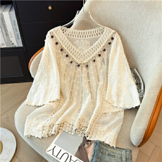 批发钩花镂空七分袖防晒白衬衫女夏季新款<b class='q'>大码</b>胖mm显瘦设计感钉珠上衣