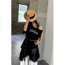 批发韩版时尚涂鸦字母印花斜肩短袖T恤+气质修身网纱背心连衣裙<b class='q'>套装</b>女