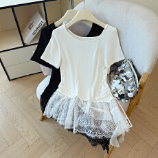 批发韩味气质斜肩短袖t恤女不规则蕾丝拼接设计露肩<b class='q'>上衣</b>2026夏季新款