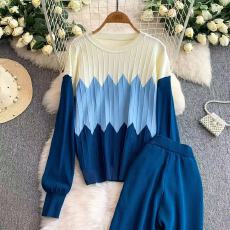 批发渐变绿针织两件套装秋<b class='q'>冬</b>圆领拼色条纹长袖上衣高腰直筒裤显瘦百搭