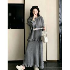 批发韩版木耳边针织显瘦两件套女2026年春秋季新款<b class='q'>甜美</b>上衣半身裙套装