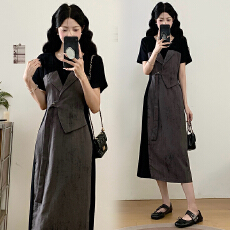 实拍大码女装2026夏季新款胖mm韩版拼接假两件时尚显瘦短袖连衣裙