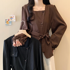 批发实拍大码女装2026春季新款胖mm韩版气质方领通勤收腰纯色长袖上衣