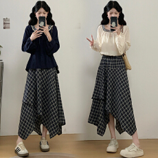 批发大码女装2026早<b class='q'>秋</b>新款胖mm气质民族风长袖上衣格子半身裙显瘦套装