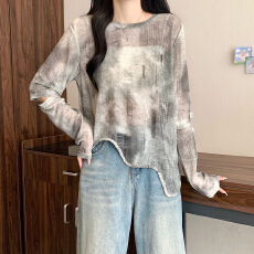 批发大码女装2025新款胖MM韩版减龄时尚水墨风不规则下摆宽松百搭上衣