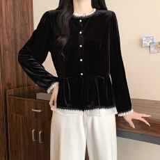 批发实拍大码女装2025秋季新款胖mm法式气质丝绒花边拼接收腰遮肉上衣