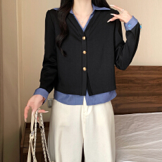 批发大码女装2025秋季新款胖mm韩版气质Polo领拼接假两件宽松长袖上衣