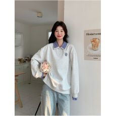 批发条纹拼接polo领卫衣女2025<b class='q'>春秋</b>新韩系学院风小个子宽松上衣