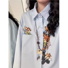 批发实价 长袖<b class='q'>衬衫</b><b class='q'>男</b>女学院风卡通刺绣宽松慵懒炸街情侣上衣潮