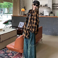 批发【实价】新美式复古磨毛<b class='q'>格子</b><b class='q'>衬衫</b>女装秋季宽松设计感长袖开衫