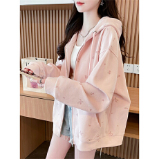 批发【实价】温柔风甜妹宽松开衫女春秋新慵懒风<b class='q'>甜美</b>粉色连帽卫衣