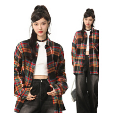 批发实价 秋<b class='q'>冬</b>衬衫女oversize薄款宽松休闲复古格子翻领长袖